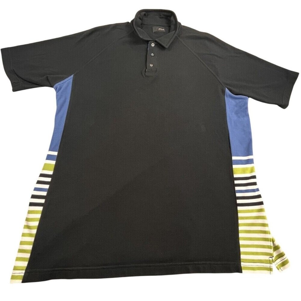 Fila Polo Shirt Mens 2XL Black Blue Green Striped Panels Bamboo Stretch Golf